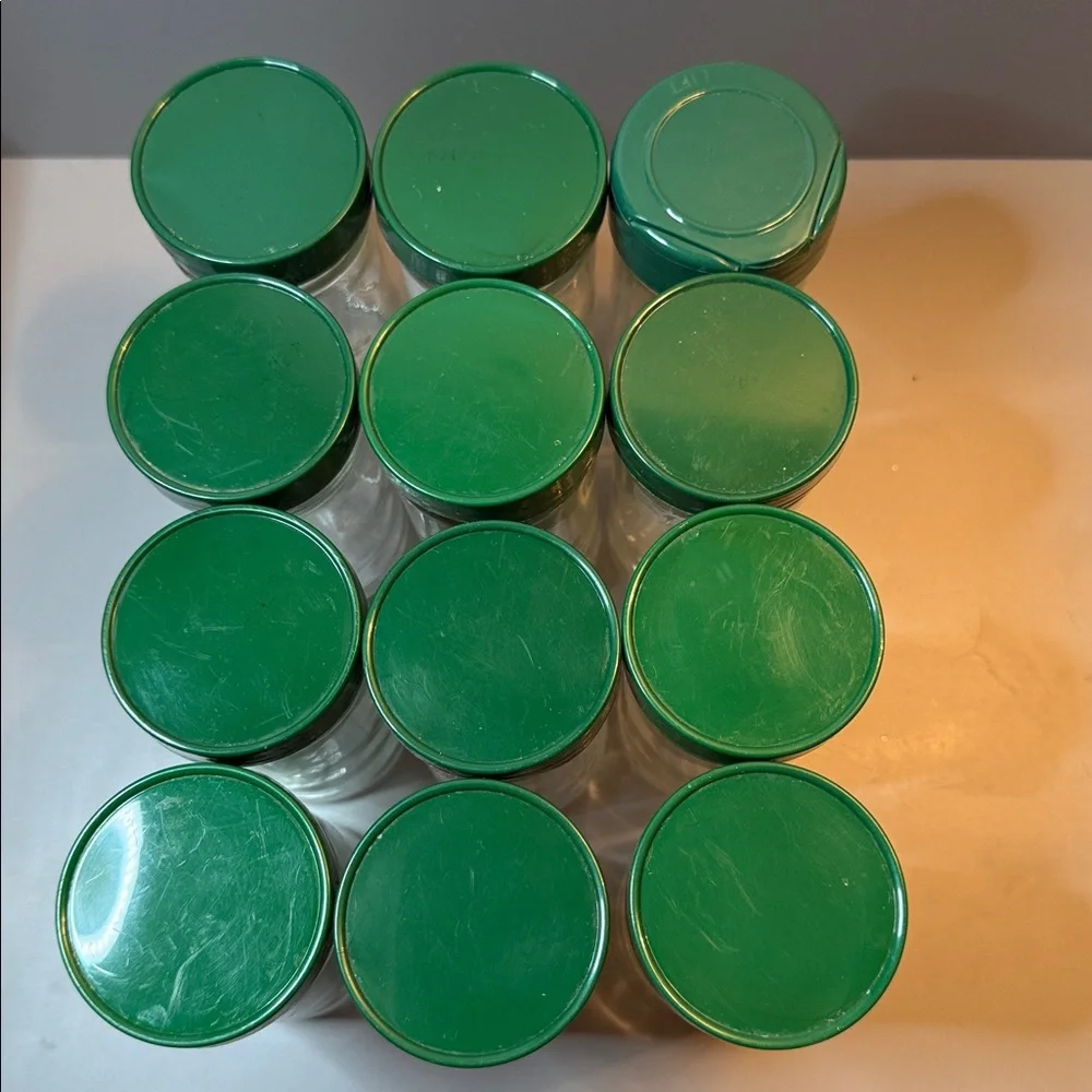 Set of 12 Vintage Glass Round Spice Jars W/ Green Lids, Approximately 4.5” Tall - Picture 6 of 8